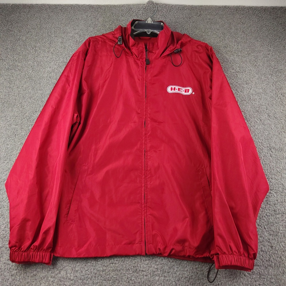 HEB Employee Windbreaker Jacket Mens Medium Hooded Red Full Zip